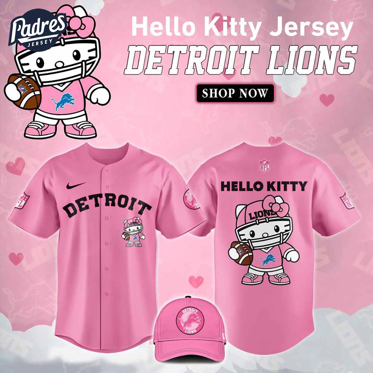 Detroit Lions Hello Kitty Pink NFL Baseball Jersey - Padres Jersey Oasis: Elevate Your Baseball Style Game