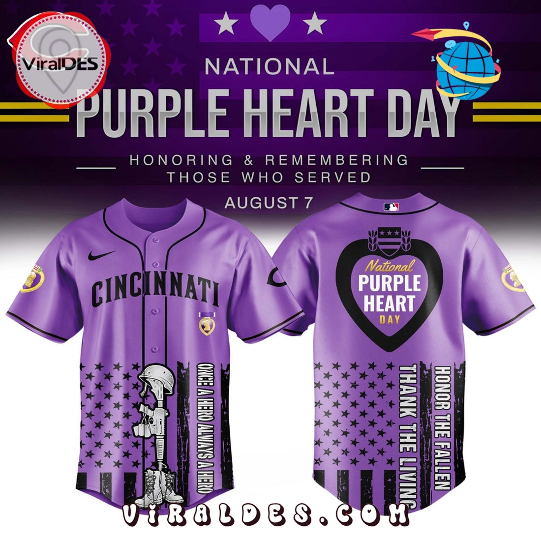 Cincinnati Reds MLB x Purple Heart Day Baseball Jersey