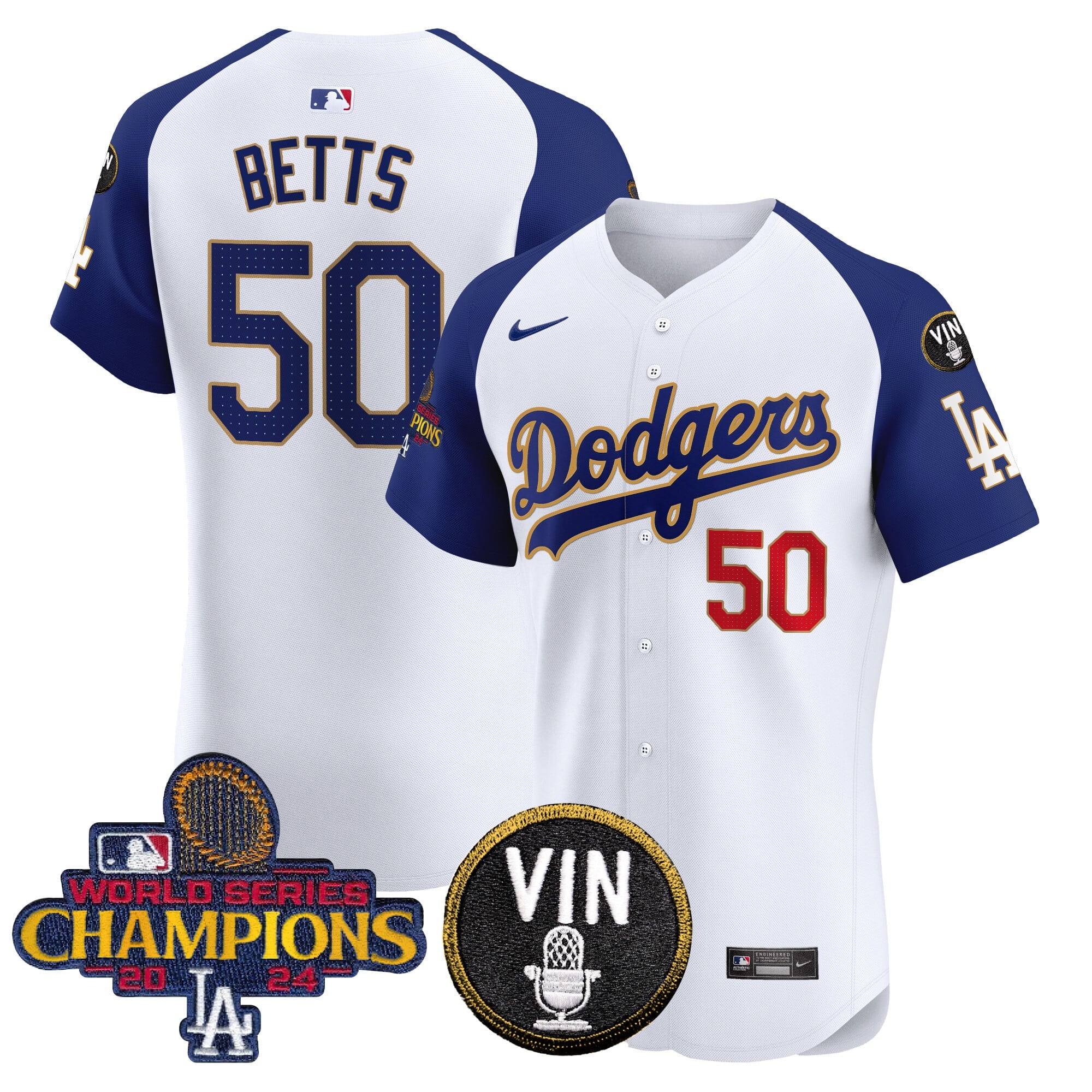 Men's Dodgers 2024 World Series Champions Gold Trim Vapor Premier Elite Jersey - All Stitched