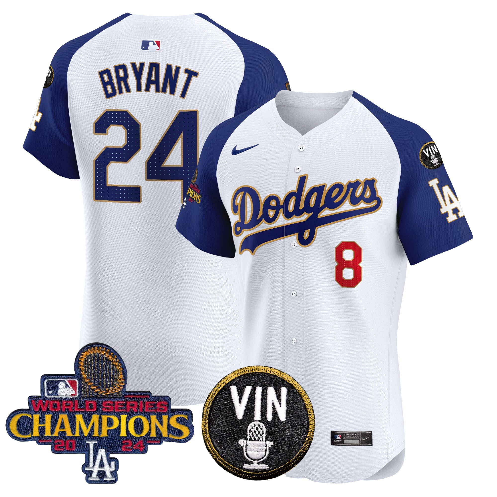 Men's Dodgers 2024 World Series Champions Gold Trim Vapor Premier Elite Jersey - All Stitched