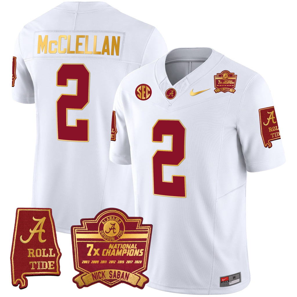 Men's Alabama Crimson Tide Nick Saban 7x Champions Patch Gold Trim Jersey - All Stitched