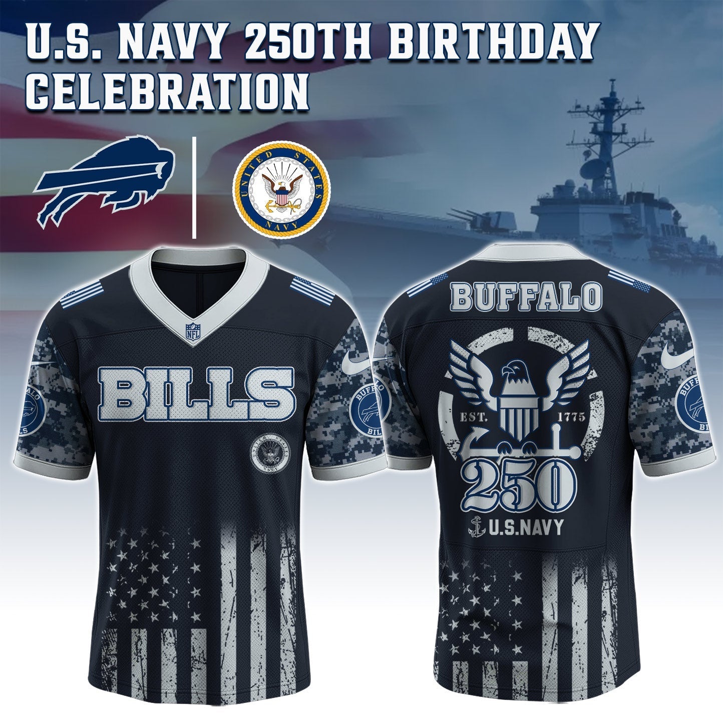 Buffalo Bills NFL x U.S. NAVY 250TH Birthday Special Edition Jersey
