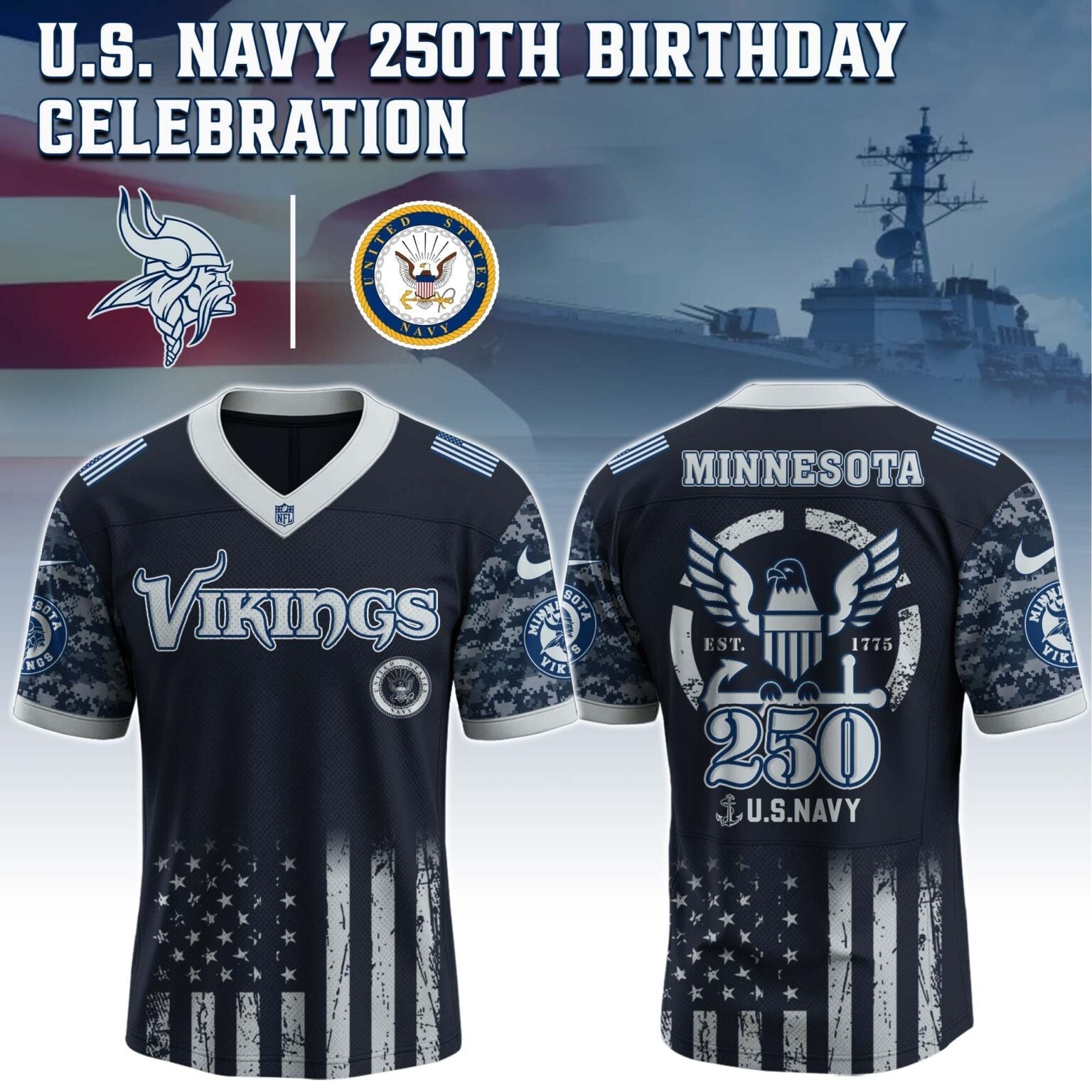Minnesota Vikings NFL x U.S. NAVY 250TH Birthday Special Edition Jersey