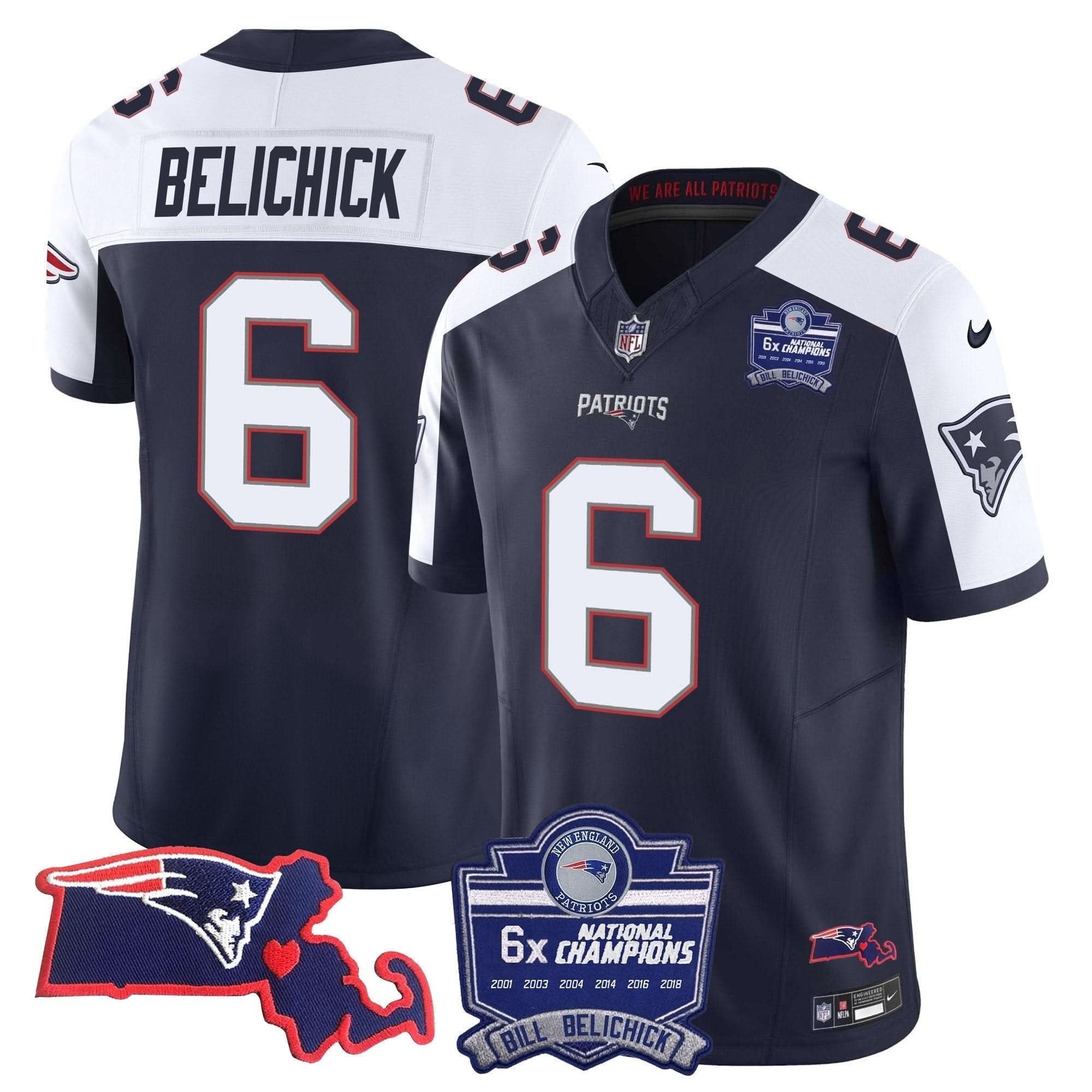 Patriots Bill Belichick 6x Champions Patch Vapor Jersey - All Stitched