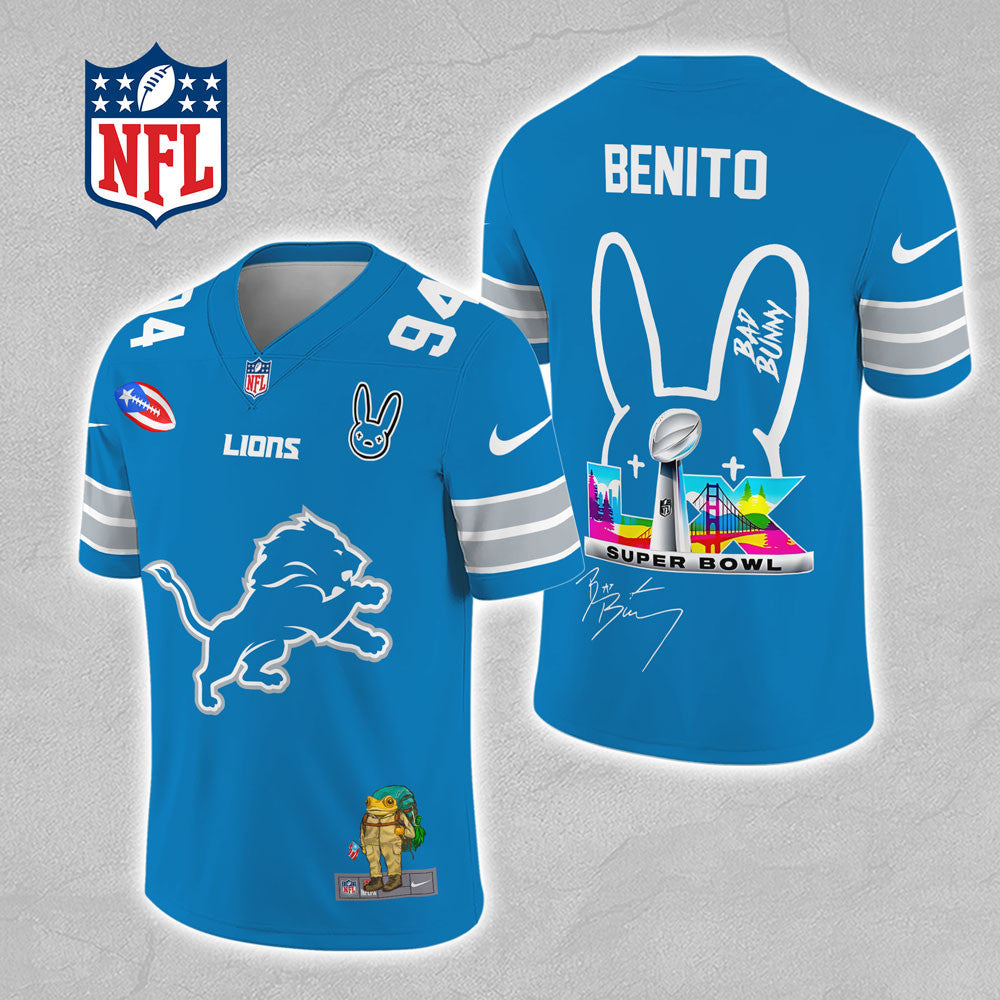 Detroit Lions x Bad Bunny 3D Football Jersey