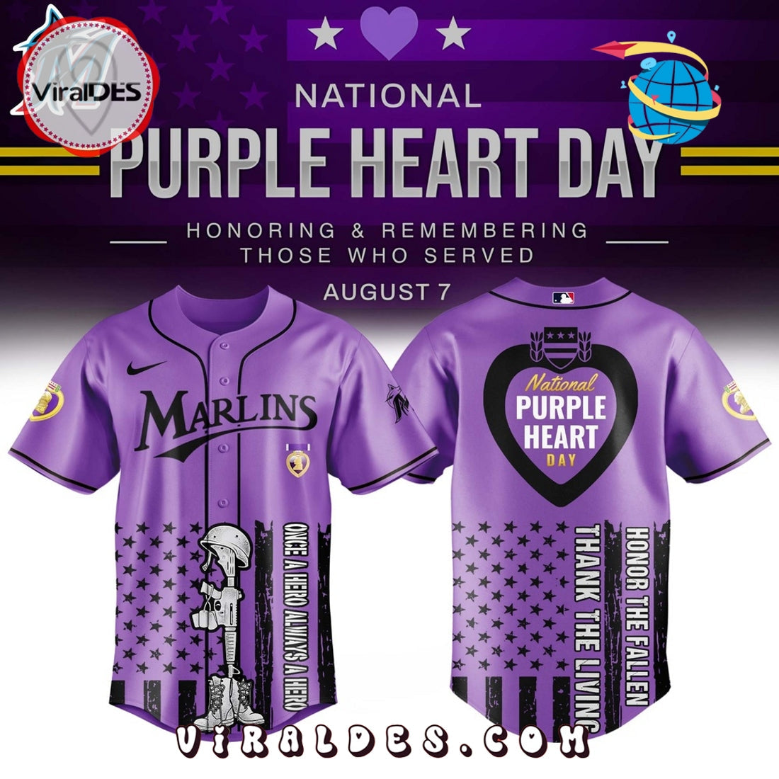 Miami Marlins MLB x Purple Heart Day Baseball Jersey