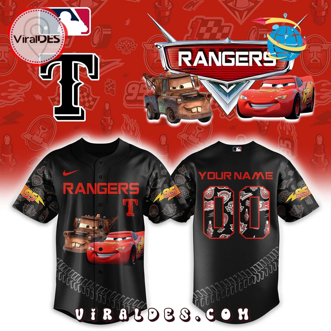 Texas Rangers x Lightning McQueen Custom Baseball Jersey